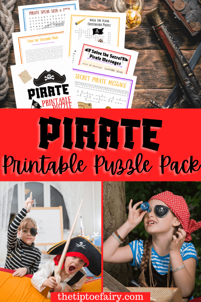 Title image collage of printable pirate puzzle pack of games on a pirate themed background