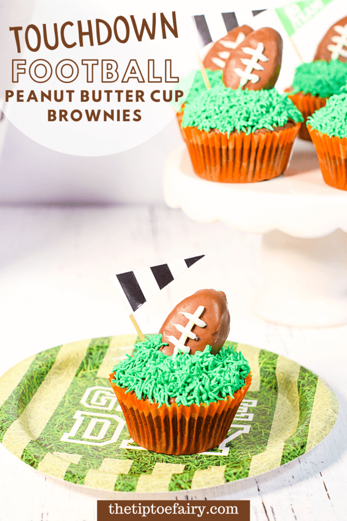 Title image for Touchdown Football Peanut Butter Cup Brownies with a cake plate full of brownie cups and a single one on a game day plate.