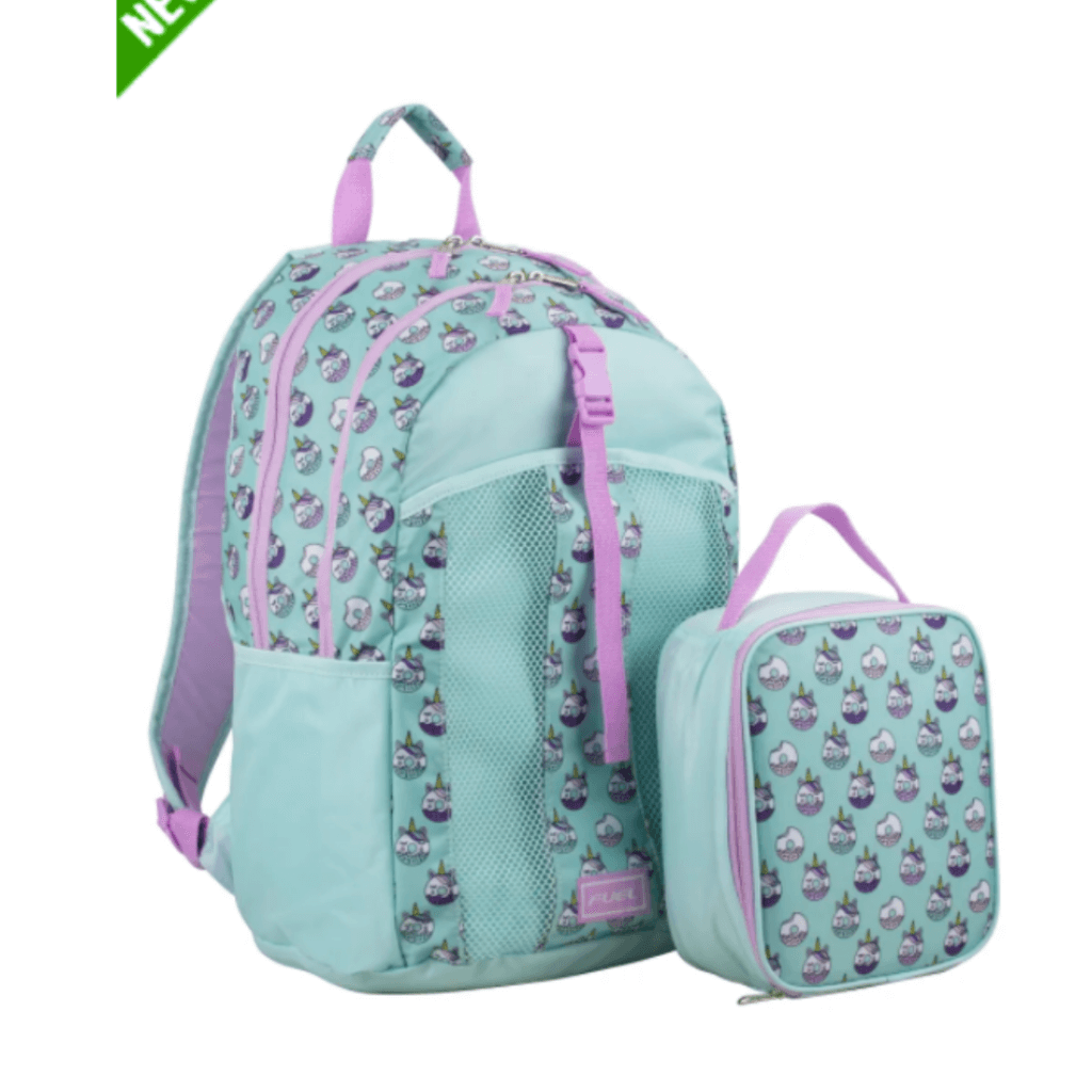 Unicorn Donut backpack and matching lunchbox in aqua and purple at Office Depot.