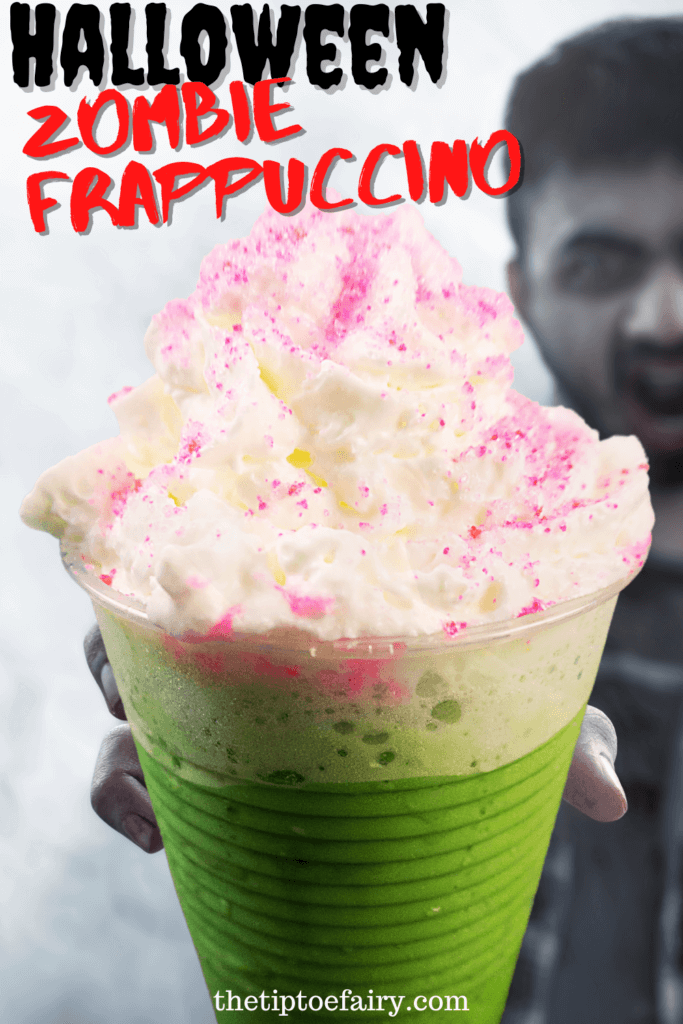 A zombie holding a Zombie Frappuccino right at the camera for a close up, perfect for Halloween.