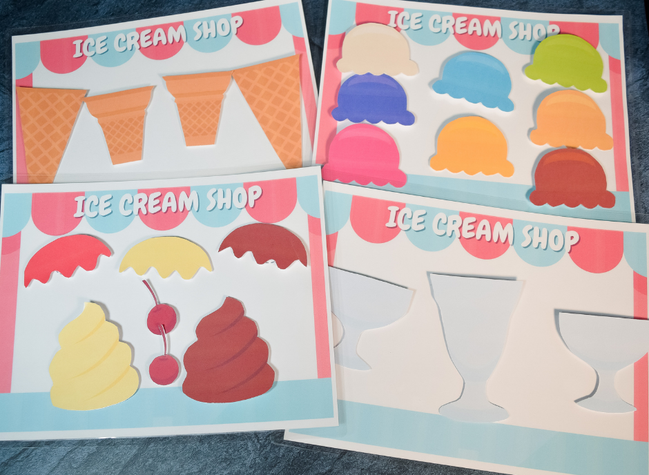 Four pages of the Ice Cream Shop with all the items to make orders attached to the pages. 