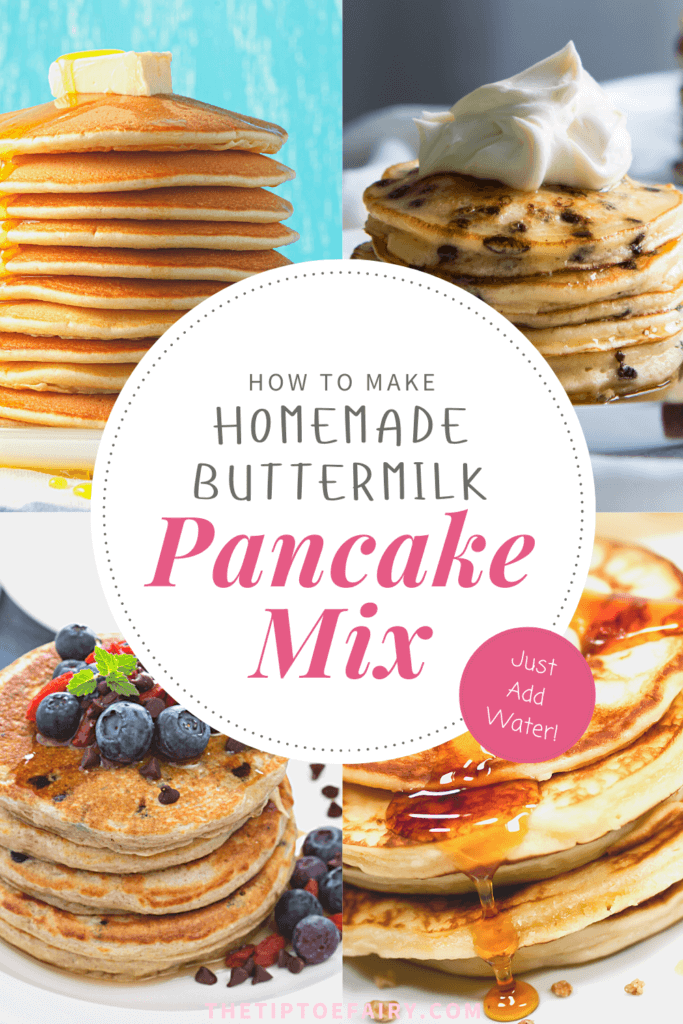 Title image with four collage photos of different pancakes for How to make Easy Homemade Buttermilk Pancake Mix