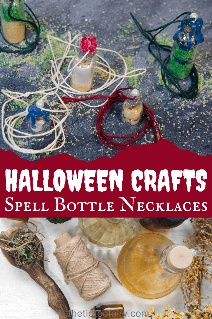Title collage image with the top image a blue background with diy halloween spell bottle necklaces with green and beige sand around them.  The lower collage image is a collection of witch items like flowers, bottles, sage