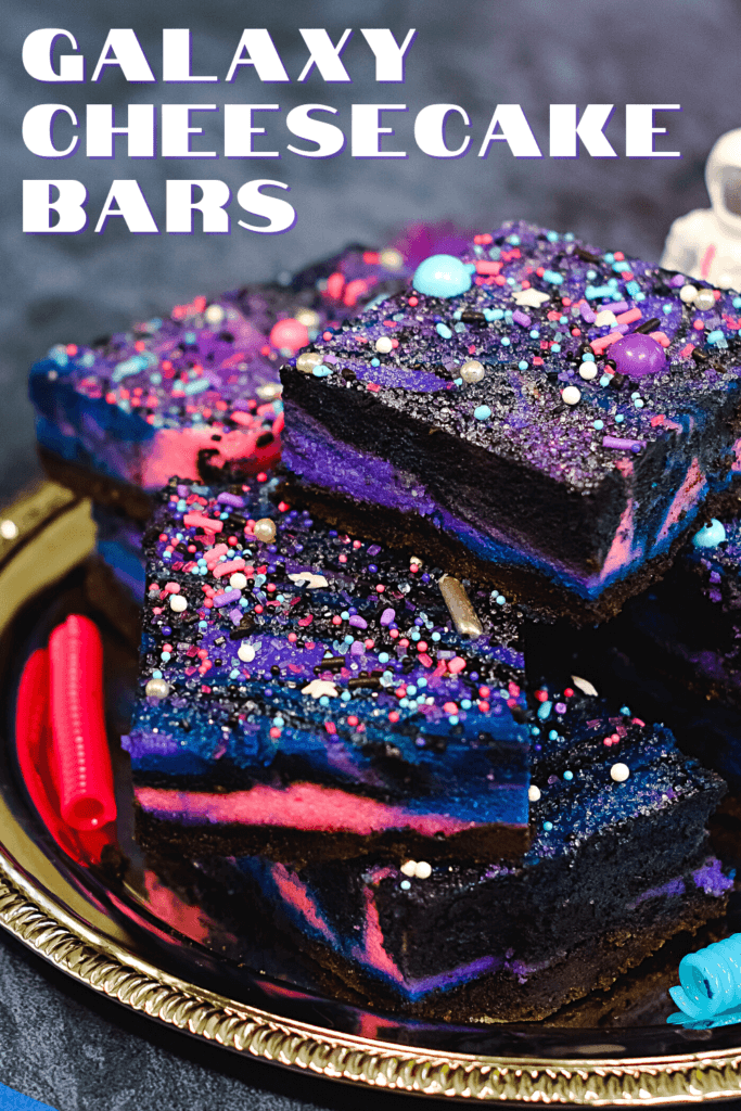 Close up Galaxy Cheesecake Bars on a dark background