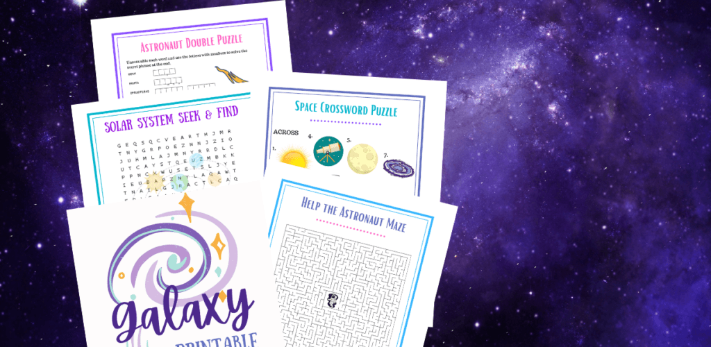 A purple galaxy with images of the free kids printable galaxy puzzle pack