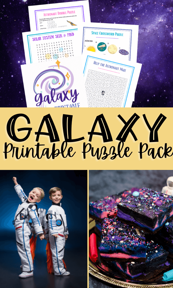 title image with a collage of images - one image with the printables laid out over purple outerspace, two kids in astronaut costumes, and some galaxy cheesecake bars