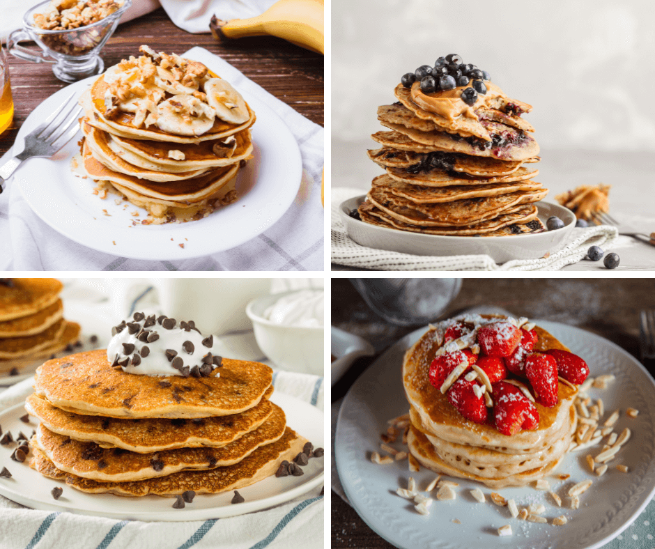 Four collage images of pancakes with mixins - chocolate chips, bananas, strawberries, and blueberries