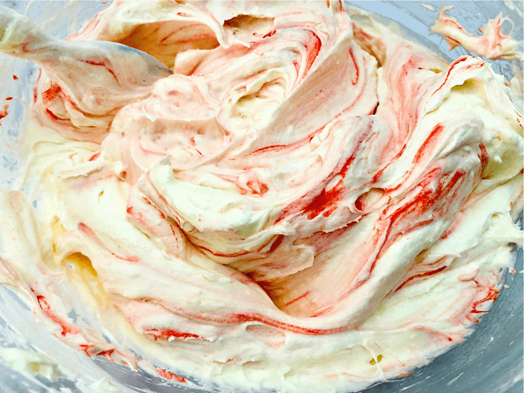 Swirls of red and white peppermint flavored filling for the pie. 