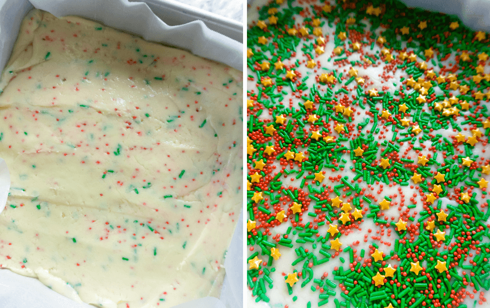 Collage with two images - one image is the sprinkles mixed into the white fudge and the next image is adding the Christmas sprinkles on top of the finished fudge. 