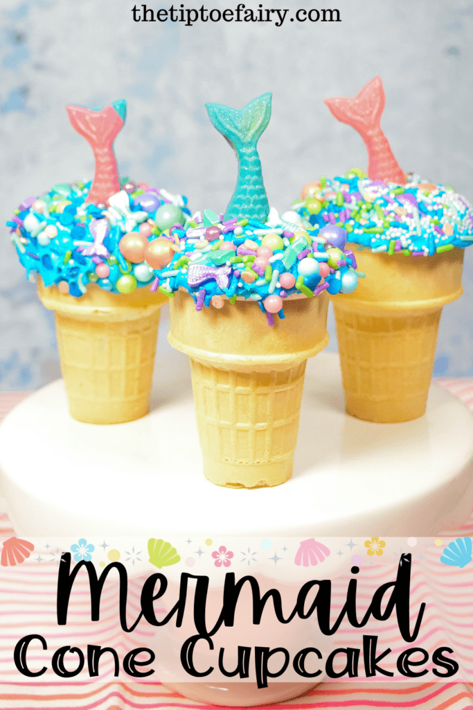 Title image for Mermaid Ice Cream Cone Cupcakes with the cupcakes on a white cake plate. 