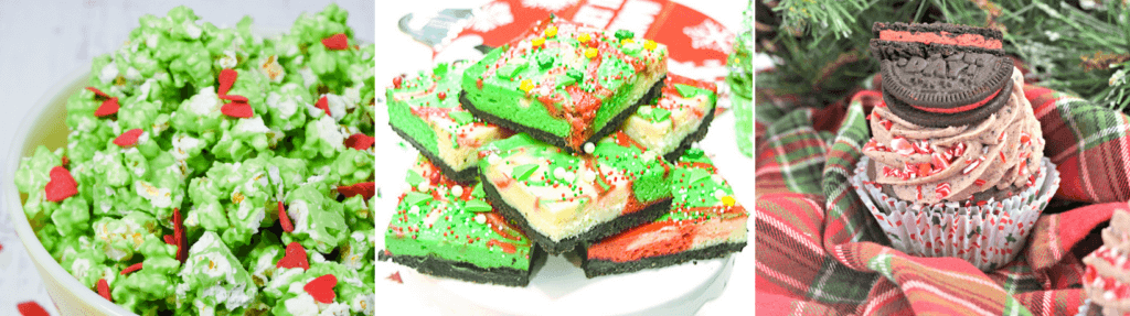Collage image of cupcakes, cheesecake, and grinch popcorn for Christmas. 