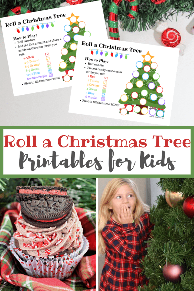 Collage images with one image of Roll a Christmas Tree free printable, an image of a Christmas OREO cupcake, and a little blond girl looking surprised by the Christmas tree. 