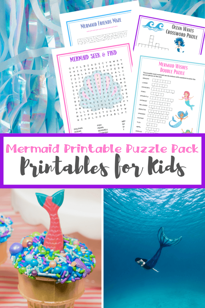 Collage image with the mermaid puzzle pack, a mermaid cone cupcake, and a mermaid swimming through the sea