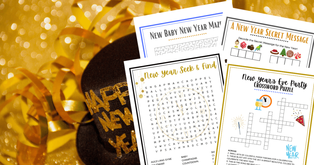 Gold party background with sparkles with four pages of the printable displayed. 