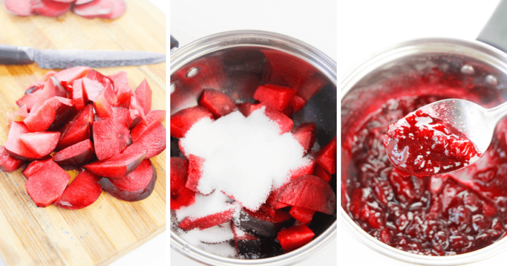 Collage of three photos showing how to chop and cook the plum filling. 