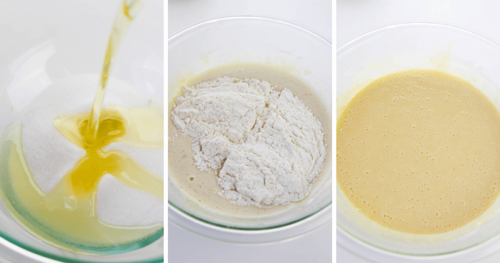 A collage of 3 photos showing how to make the cupcake batter. 