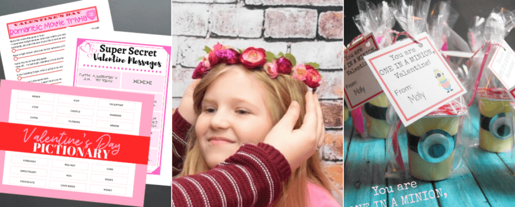 Collage image with Valentine printable games, a flower crown made with Hershey Kisses, and Minion pudding cups.