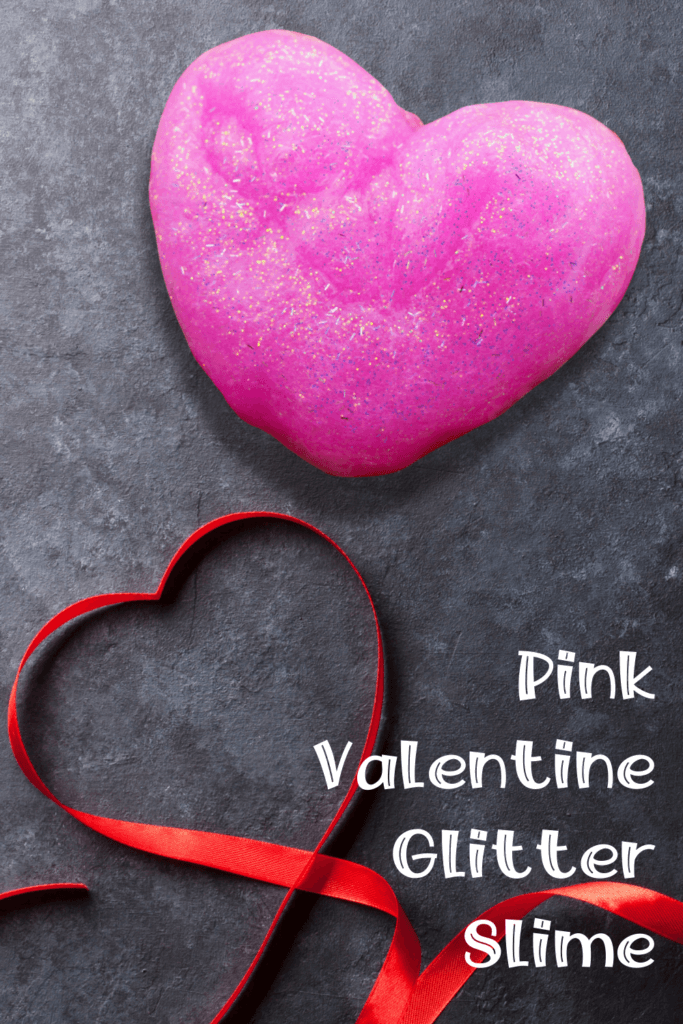Title image with a heart of pink glitter slime on a gray background with red ribbons made into a heart. 