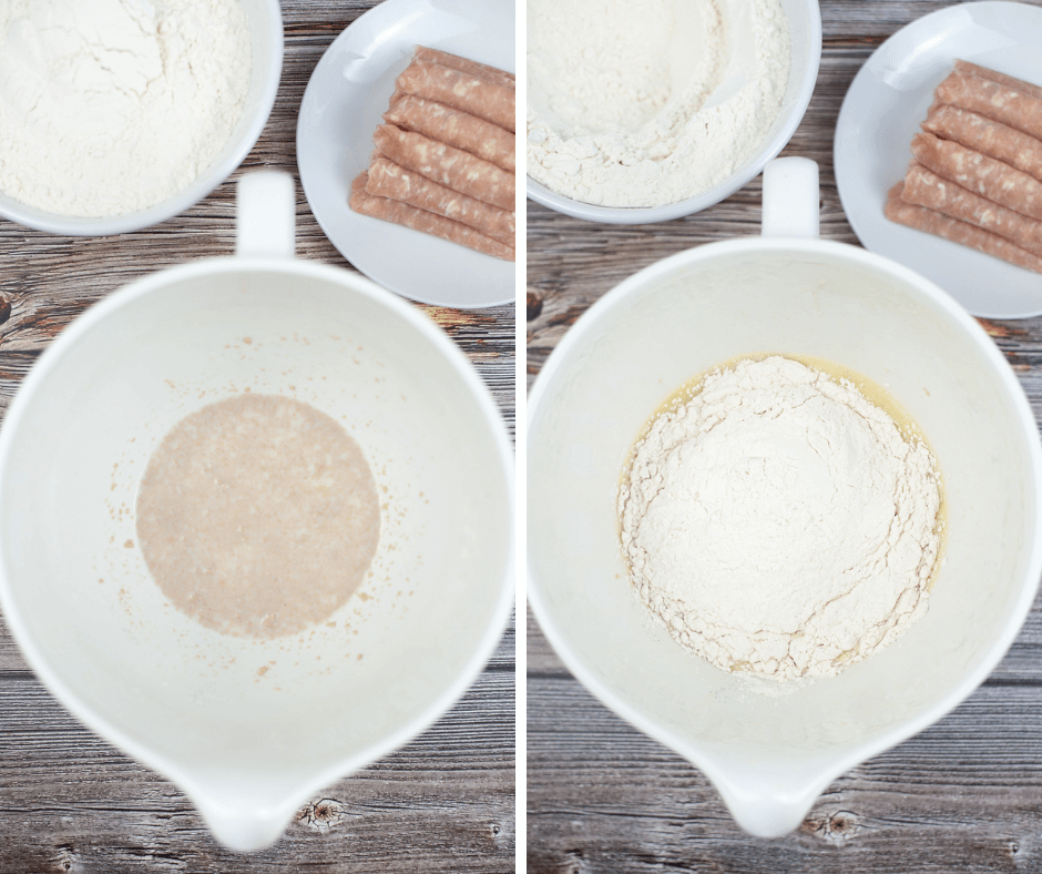 Making the dough with yeast for sausage rolls