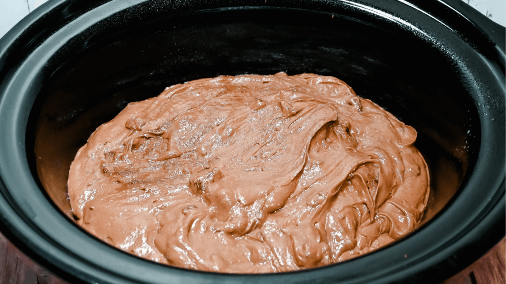 Chocolate cake batter in the slow cooker.