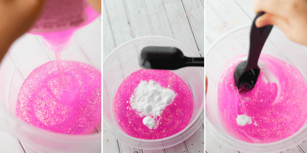 Collage of three images showing how to mix baking soda and contact solution into glitter glue to make Pink Glitter Slime
