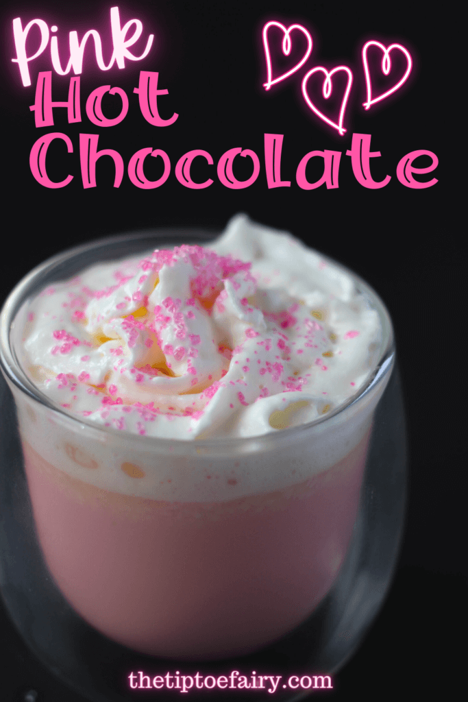 Title image with strawberry pink hot chocolate on a black background