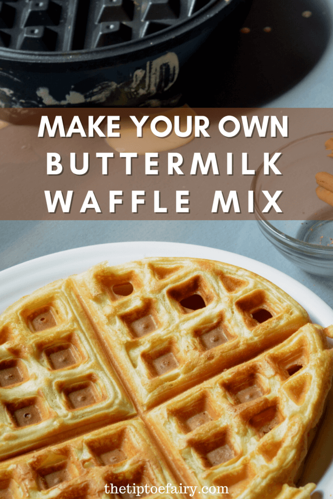 Title image with waffles and waffle iron to make your own buttermilk waffle mix