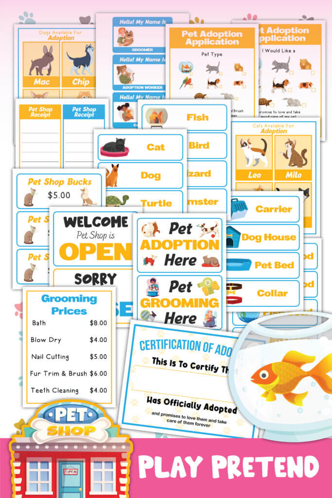 A mockup of all the printables included in this pet adoption kit