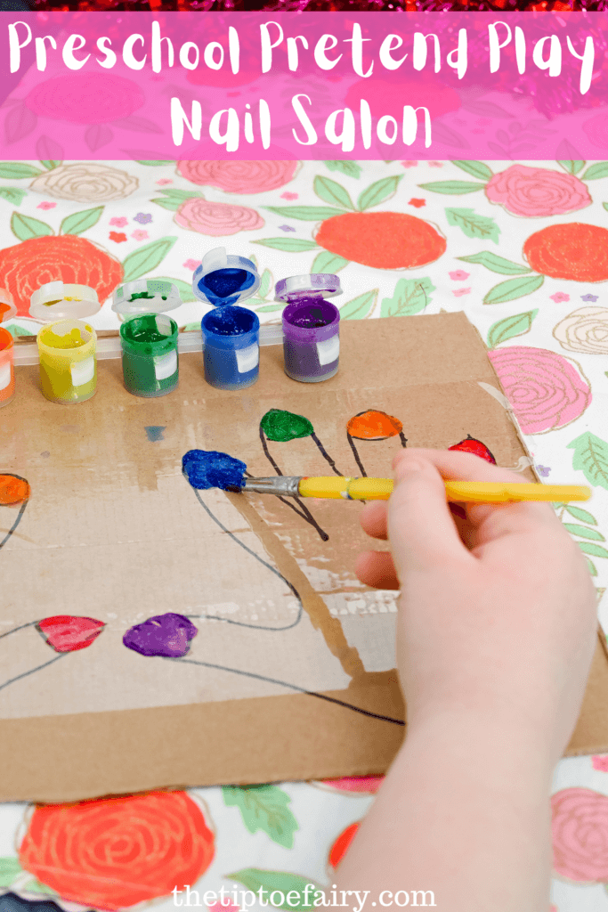 Title image for Pretend Play Nail Salon with a child's hand painting a fingernail. 