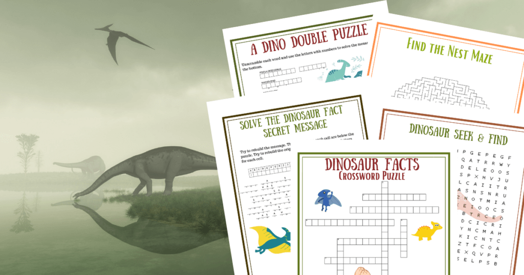 Dinosaurs in the background with images of the printable puzzles. 