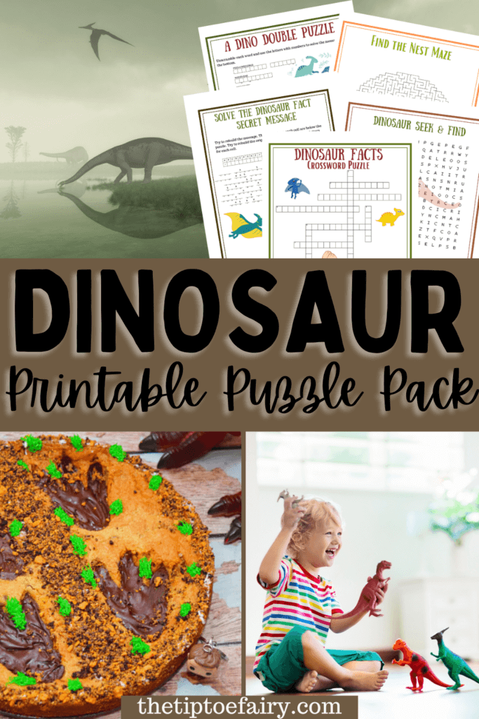 Title image collage with the printable images on a dinosaur background with a dinosaur egg nest and a little kid playing with dinosaurs. 