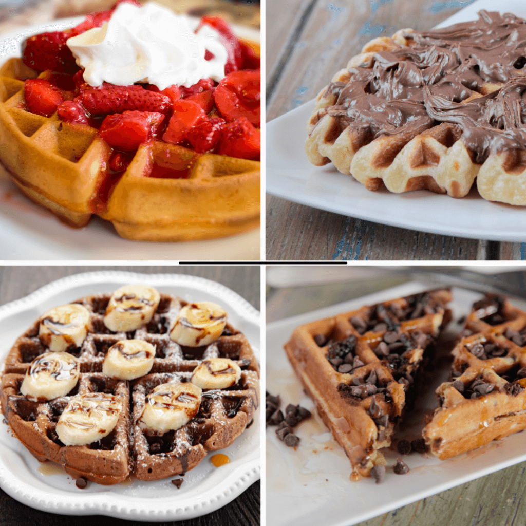 Collage image of different types of waffles you can make with buttermilk waffle mix