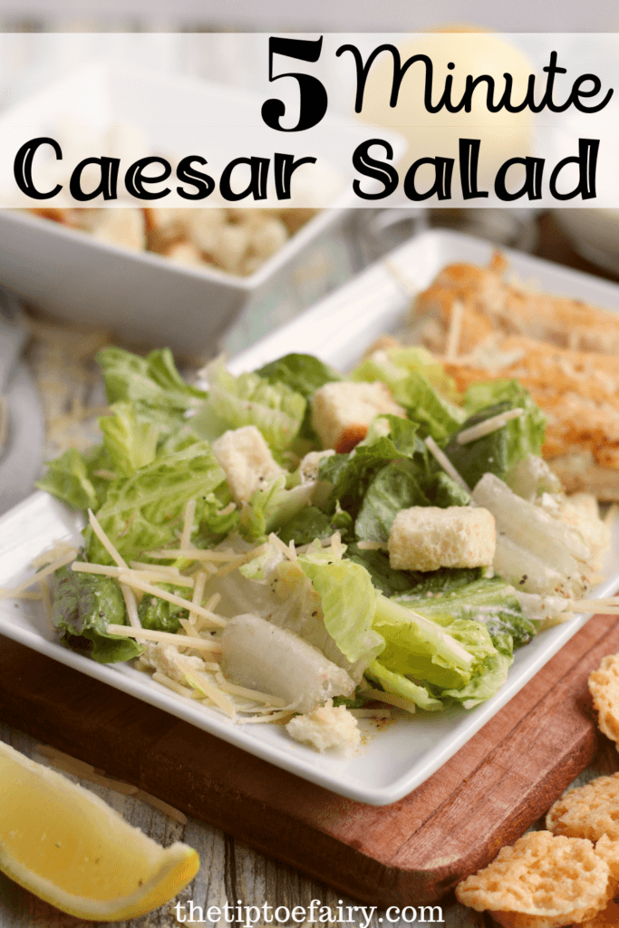 Title image with close up image of 5 Minute Chicken Caesar Salad