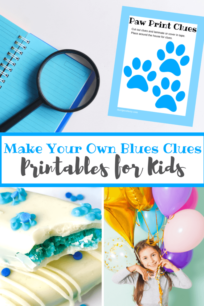 Title image collage with paw print clues mockup, blue's clues rice krispies treats pops, and a little girl with balloons. 