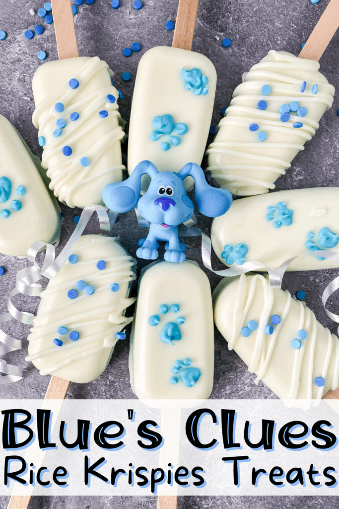 Title image of Blue's Clues Rice Krispies Pops with Blue on a slate background