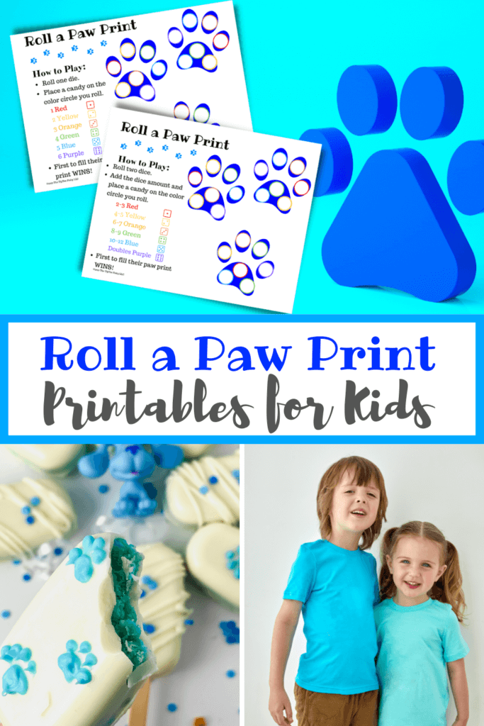 Title image collage with the two versions of roll a paw print plus Blue Clue's Rice Krispies Treat Pops and two little kids