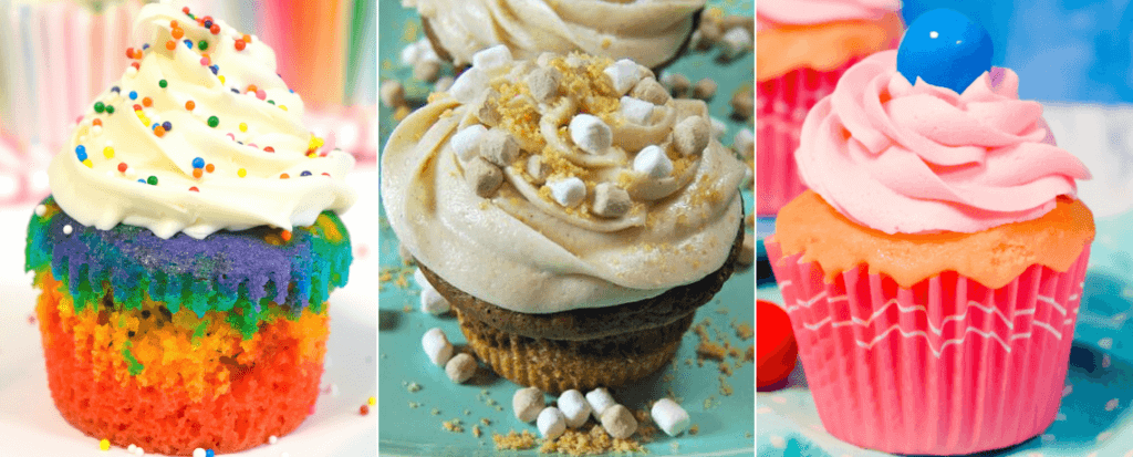 Collage of more cupcake recipes on the tiptoefairy - rainbow, s'mores, and bubblegum