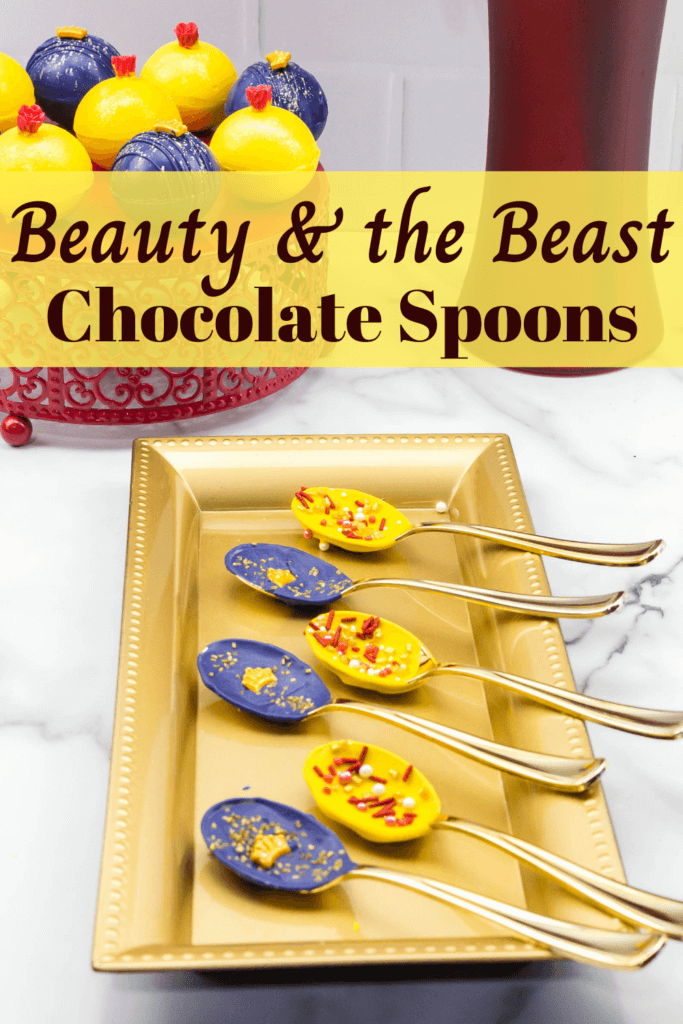 title image with a red basket holding the hot cocoa bombs with a center gold platter holding the Disney inspired Beauty & the Beast Chocolate Spoons