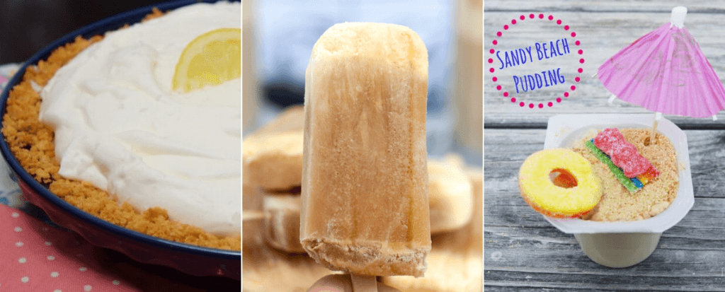 Collage image of more summer recipes on the tiptoe fairy - atlantic beach pie, root beer float popsicles, and beach pudding cups
