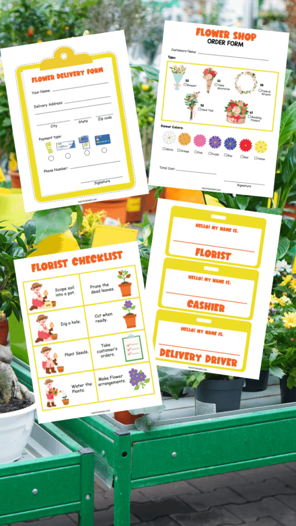 Floral Order Forms and Name Tags in the Free Pretend Play Plant Stand Bundle for Kids