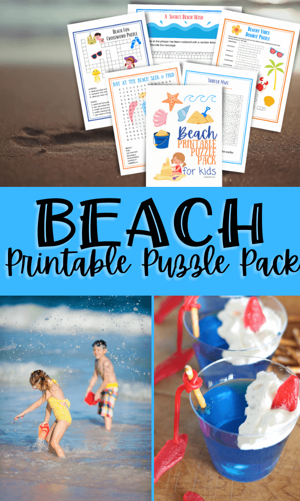 Collage image for the title image with the printables on a beach, kids on a beach, and fishing pudding jello cups