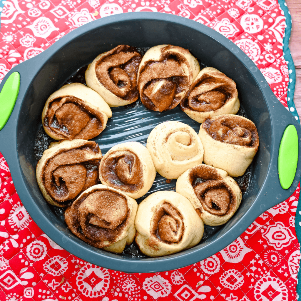 A pan full of Crescent Roll Cream Cheese Cinnamon Rolls freshly baked