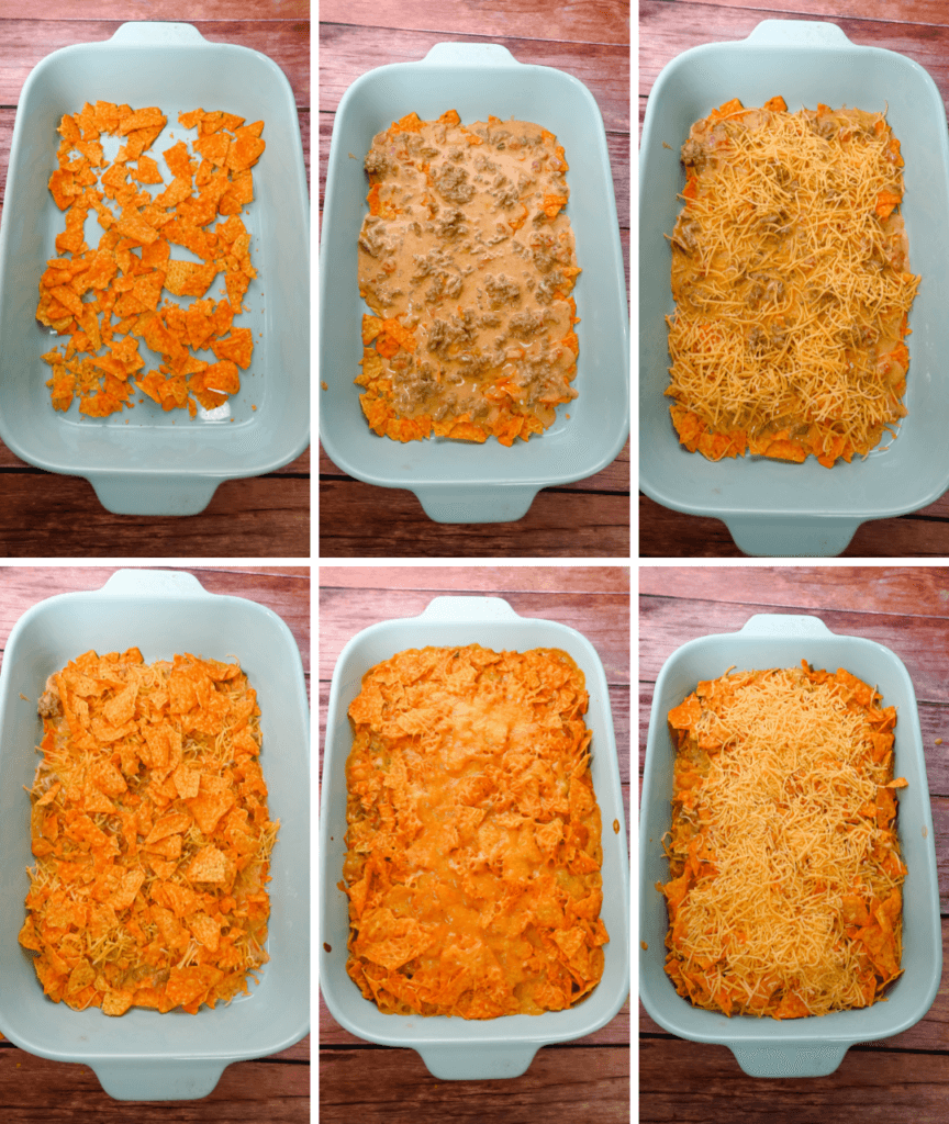 Collage of six images showing how to layer the dorito casserole