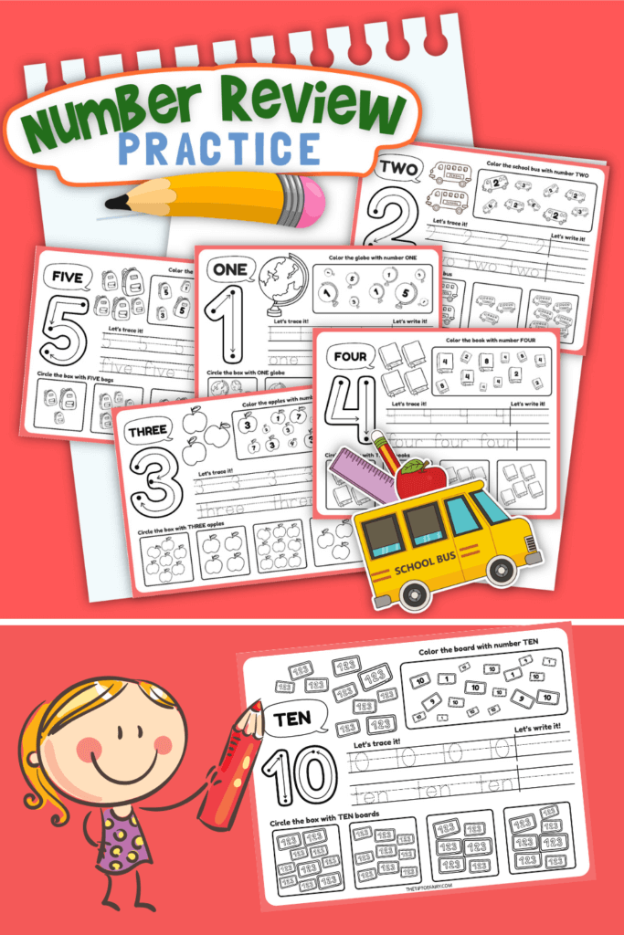 Title image with front page of workbook showing some of the worksheets on red