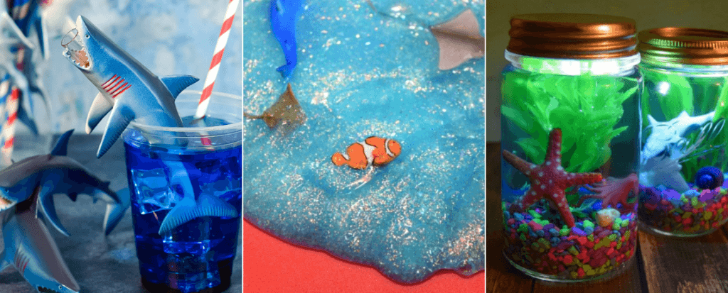 Collage image for more under the sea fun - shark bite drink, light up mason jar aquarium, and sea slime