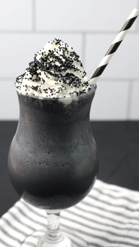 A close up view of the finished Black Spooky Milkshake for Halloween.