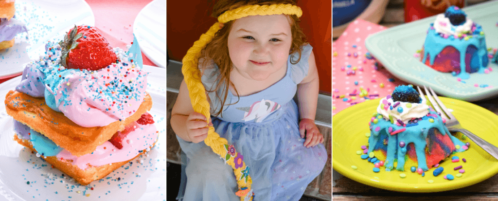 Collage of magical activities - Unicorn Strawberry Shortcake, making Rapunzel Hair, and Unicorn Ice Cream Cakes