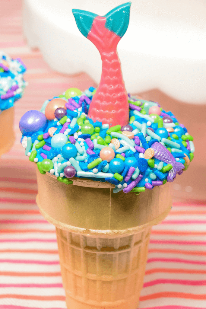 Close up of a single Mermaid Ice Cream Cone Cupcake. 