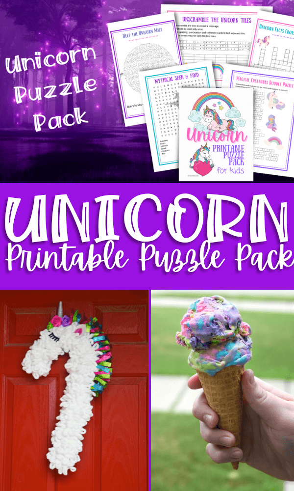 Title image collage with an image on a purple background with all the printables displayed, plus an image of a unicorn wreath, and an image of unicorn ice cream on a cone