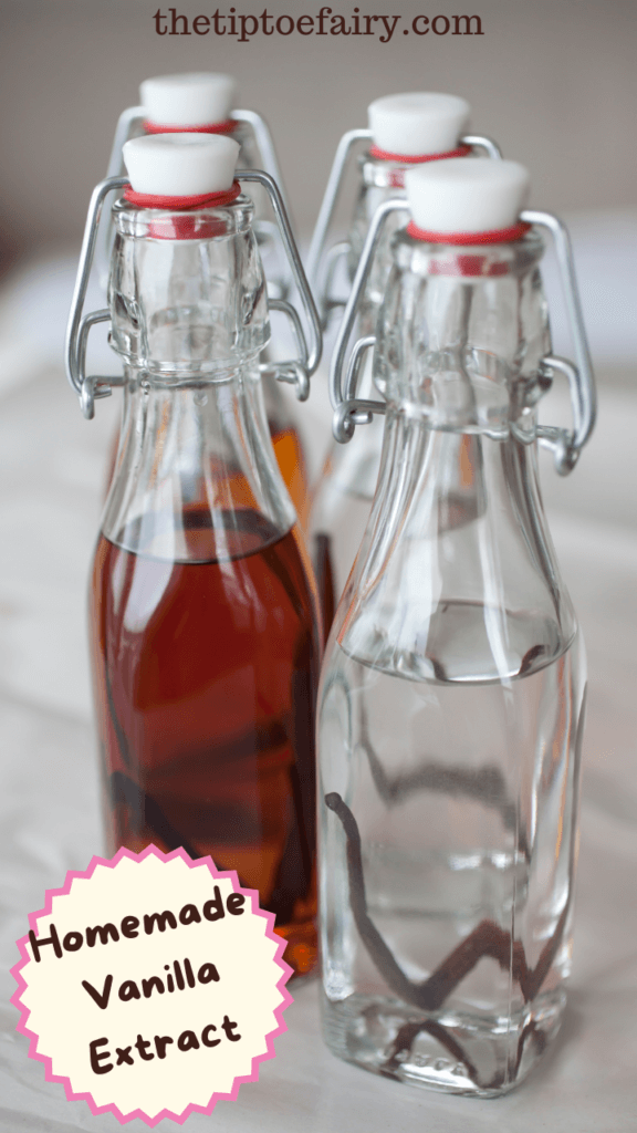Glass bottles with vanilla bean pods making homemade vanilla extract for the title image